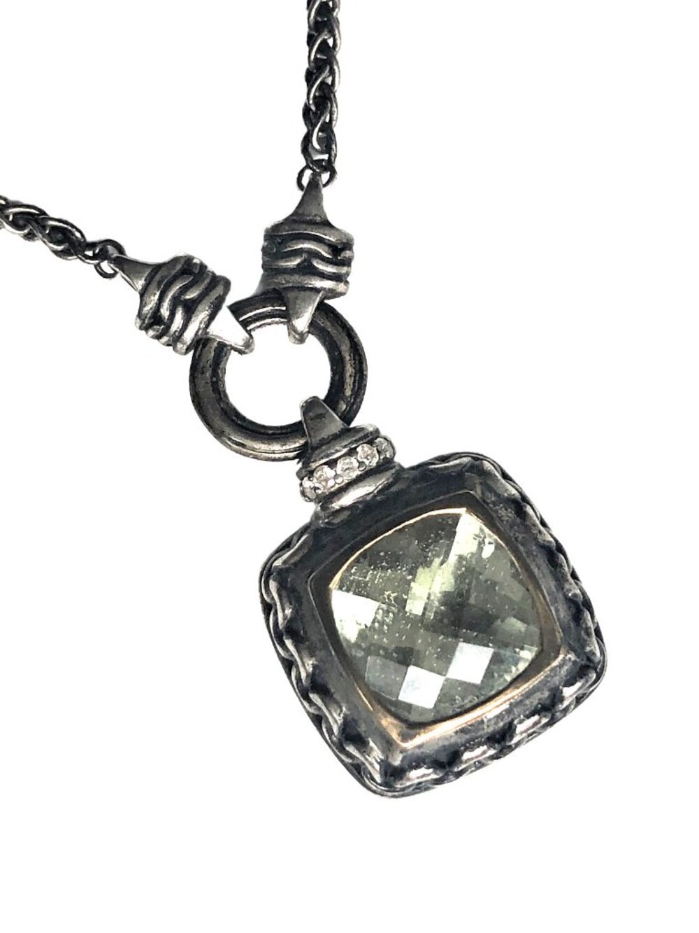 KARIZIA Italy Sterling Silver 14K Gold Prasiolite Pendant Cushion-Cut Designer